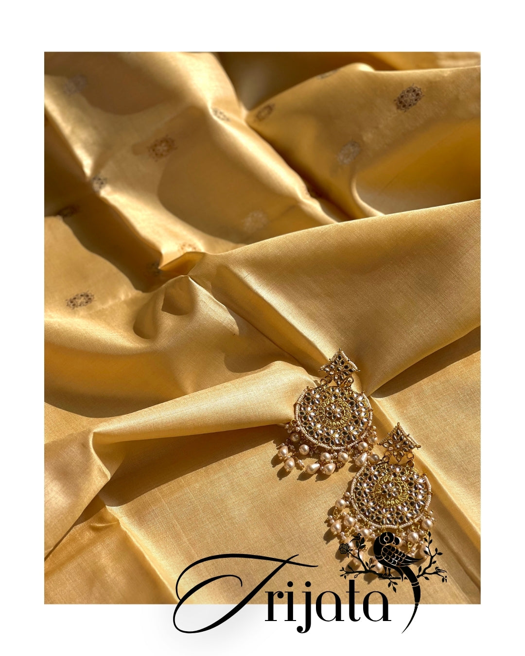 Trijata – Silk Mark Certified Pure Kosa Silk Saree in Cream with Gold & Silver Booti | Handwoven Gold Zari Pallu Saree by Bloc á Main India
