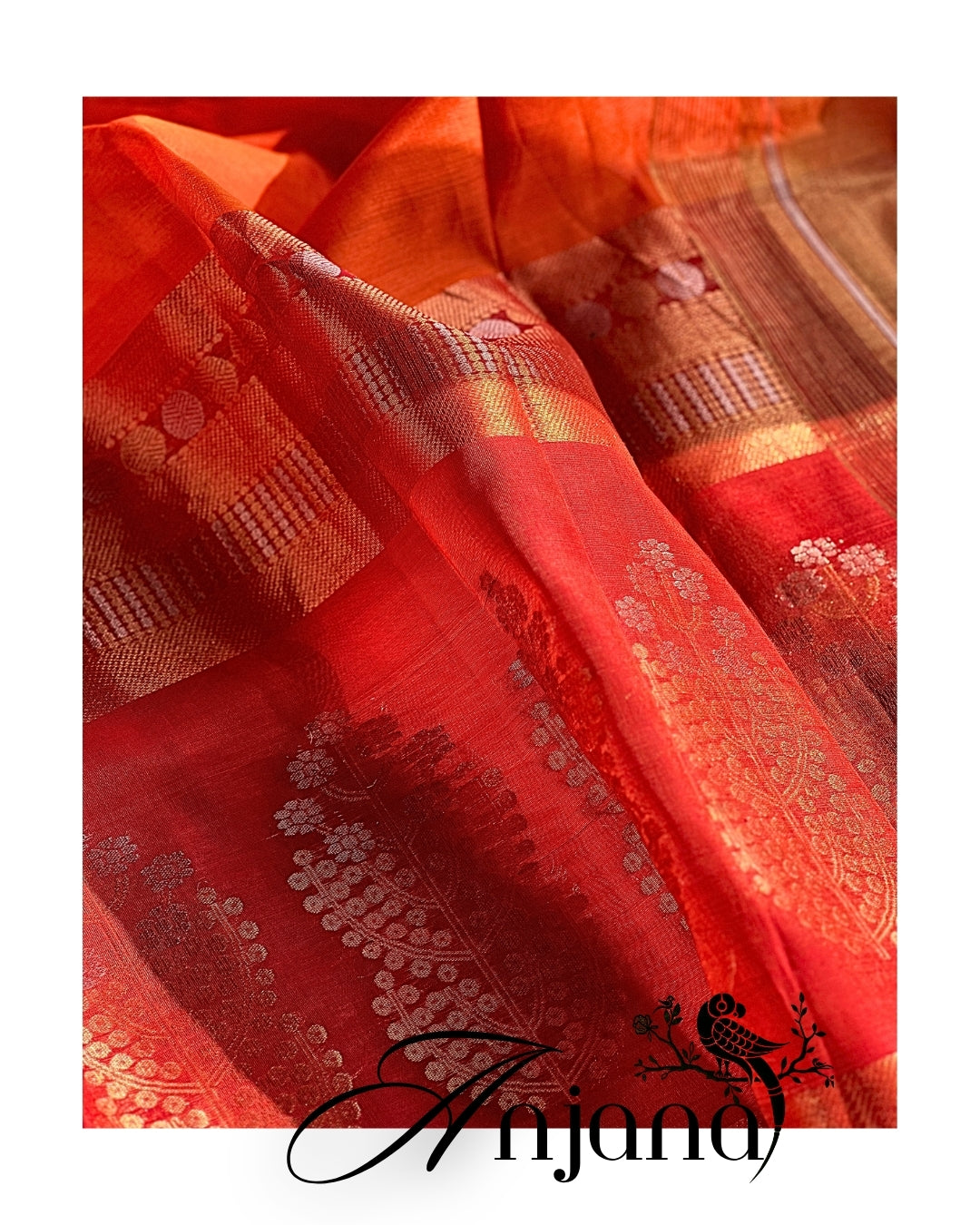 Anjanā – Silk Mark Certified Pure Kosa Silk Saree in Red & Orange with Gold & Silver Booti | Handwoven Mughal Floral Pallu Saree by Bloc á Main India