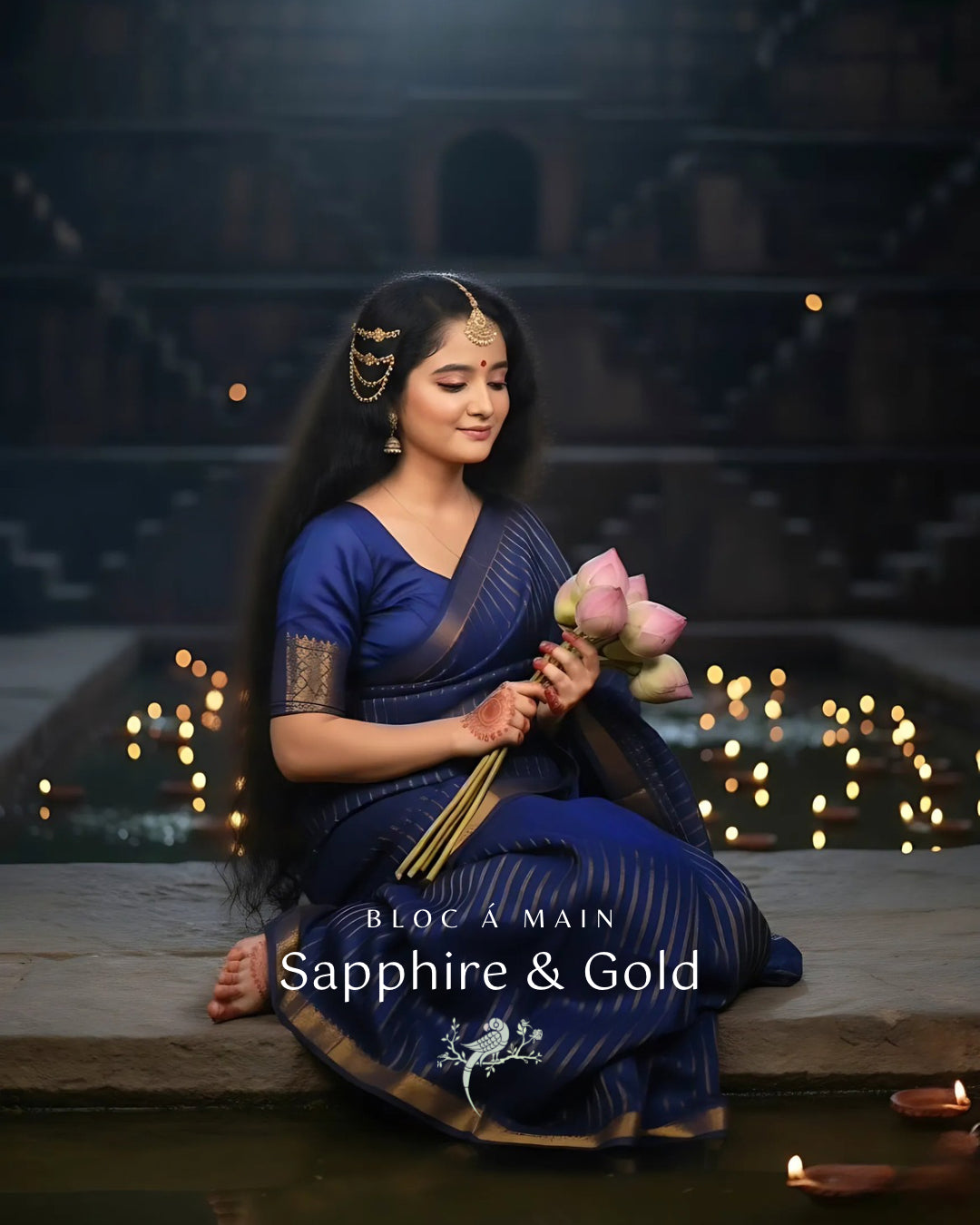 Sapphire & Gold Gold Zari Checks Mangalgiri Cotton Silk Saree by Bloc a Main Atelier