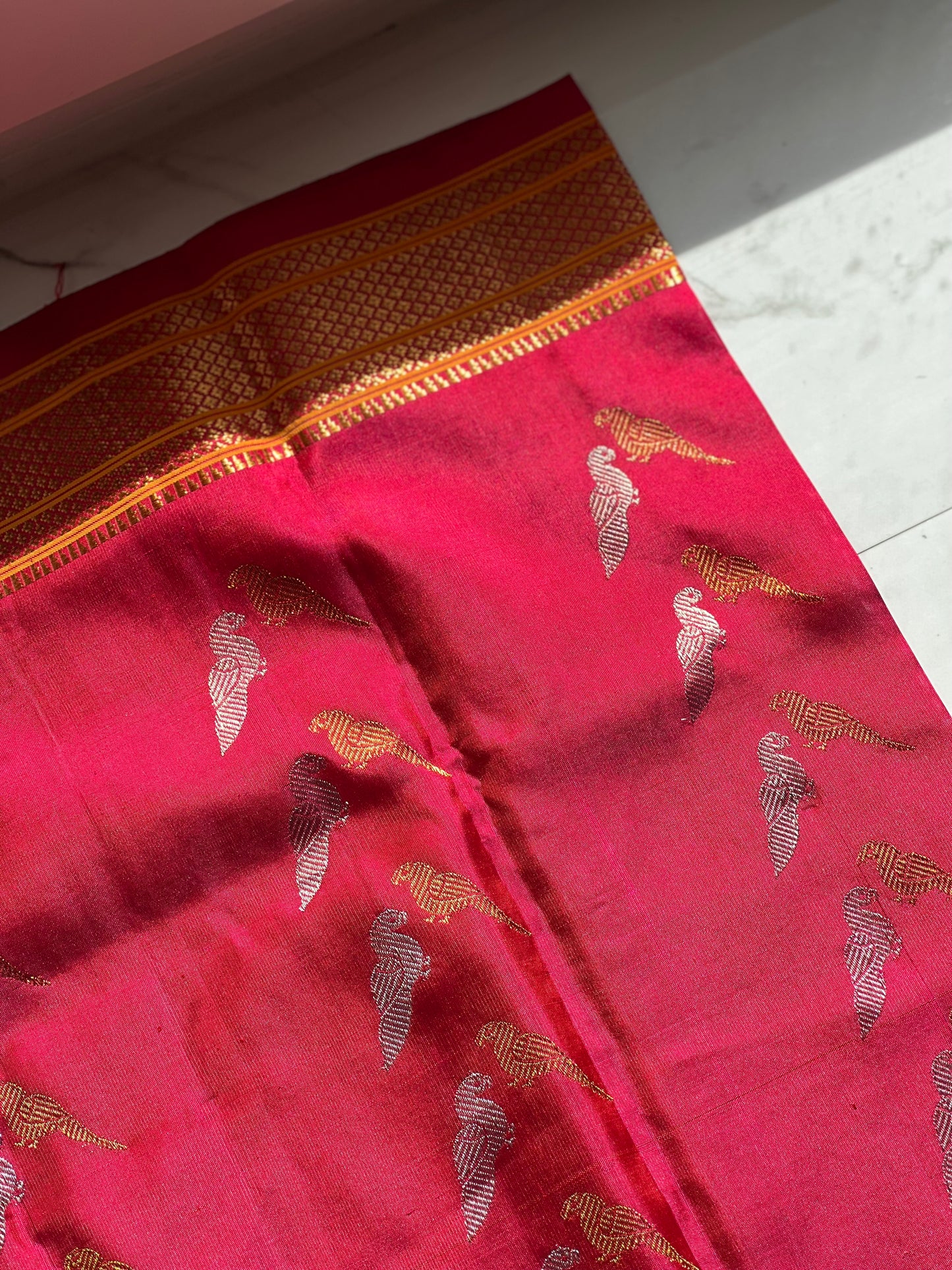Durga - The Bridal Red Gadwal Silk Dupatta with Zari Weave by Bloc á Main Atelier