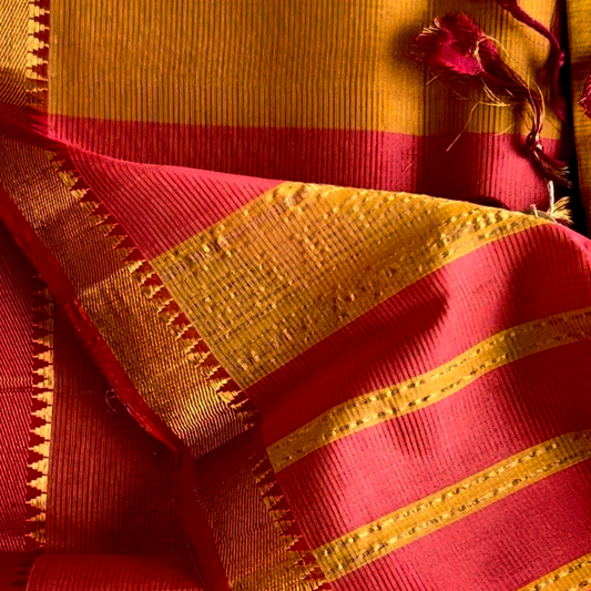 Bloc á Main Draupadi – Apple Red & Deep Yellow Handwoven Mangalgiri Cotton Silk Saree | Sustainable Indian Luxury