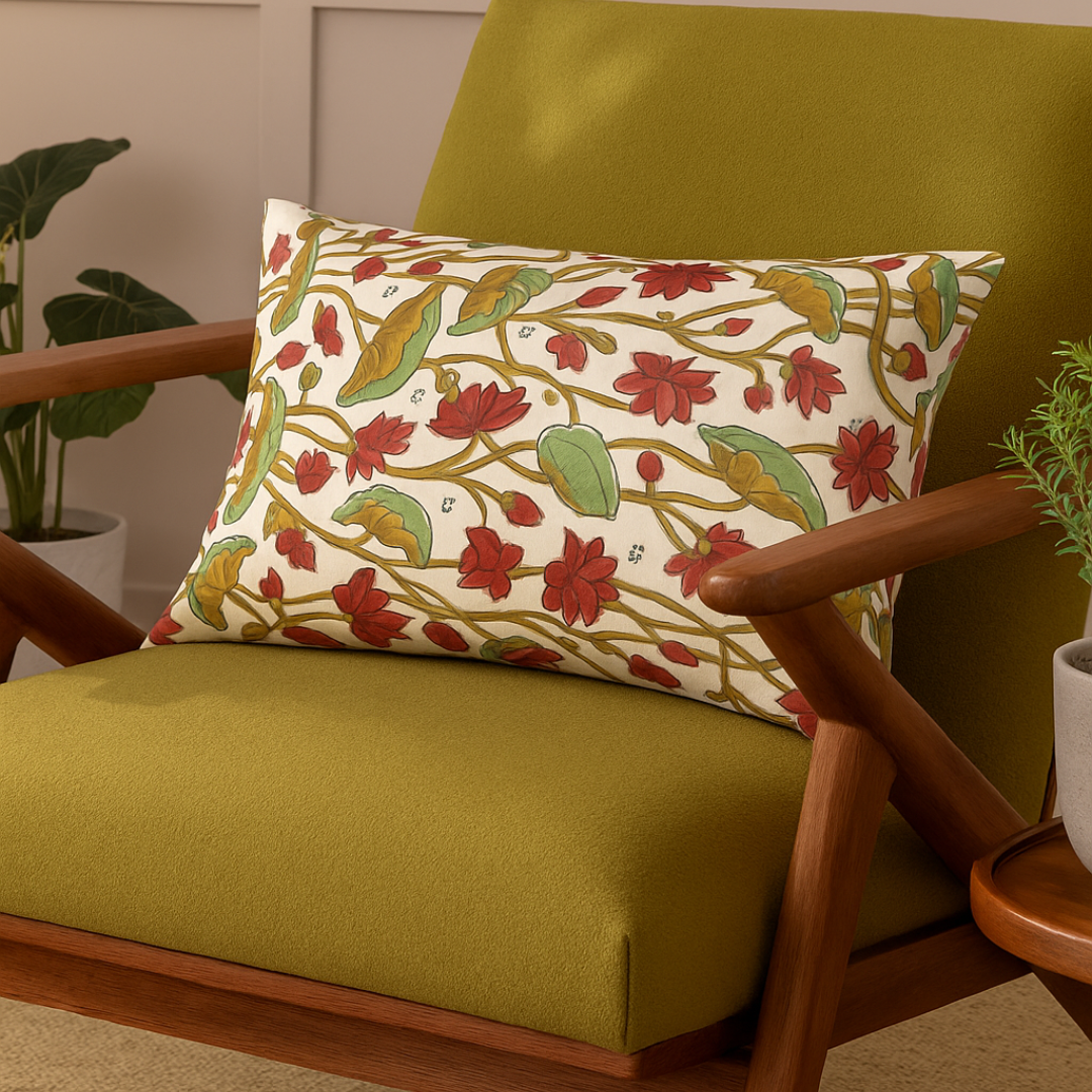 Visakha Cotton Silk Handblock Pichwai Cushion Cover - 12 X 18 inch - Bloc a Main India