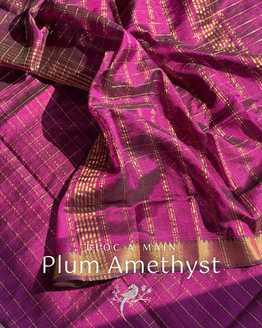 Purple Amethyst & Gold Zari Checks Mangalgiri Cotton Silk Saree by Bloc a Main Atelier