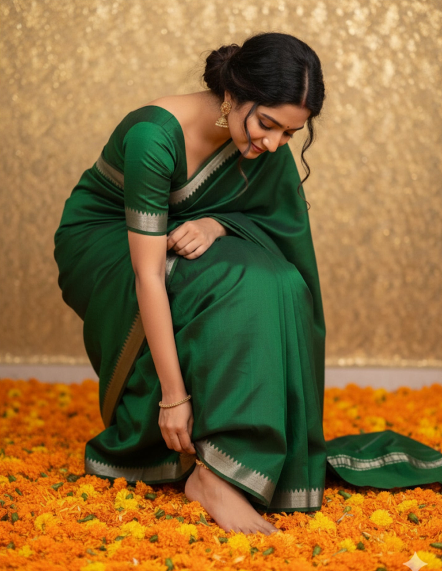 Emerald Green Mangalgiri Cotton Silk Saree by Bloc a Main Atelier