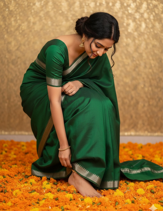 Emerald Green Mangalgiri Cotton Silk Saree by Bloc a Main Atelier