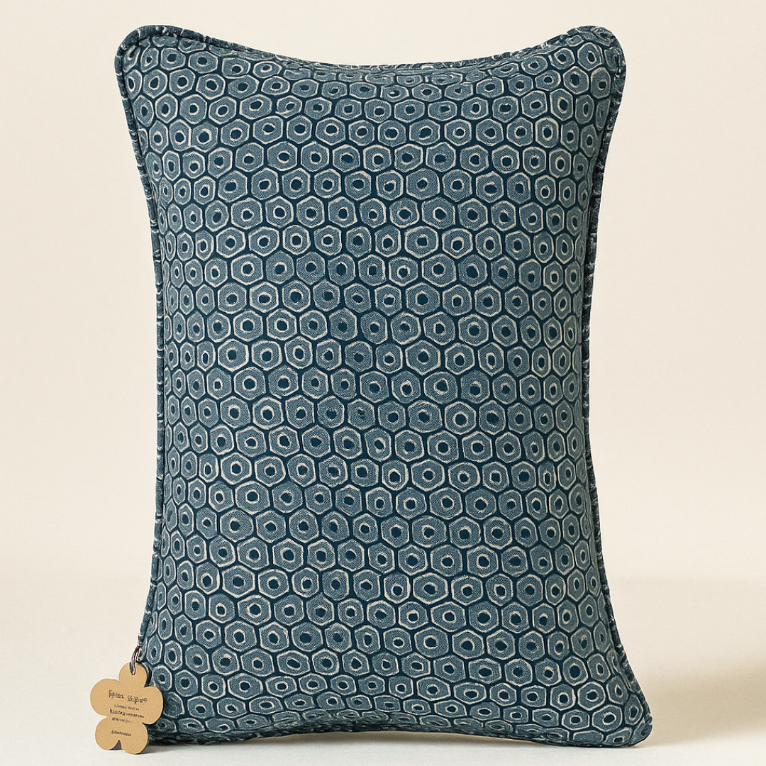 Indigo Blue Honeycomb 100% Linen Cushion Cover -12X18 inch