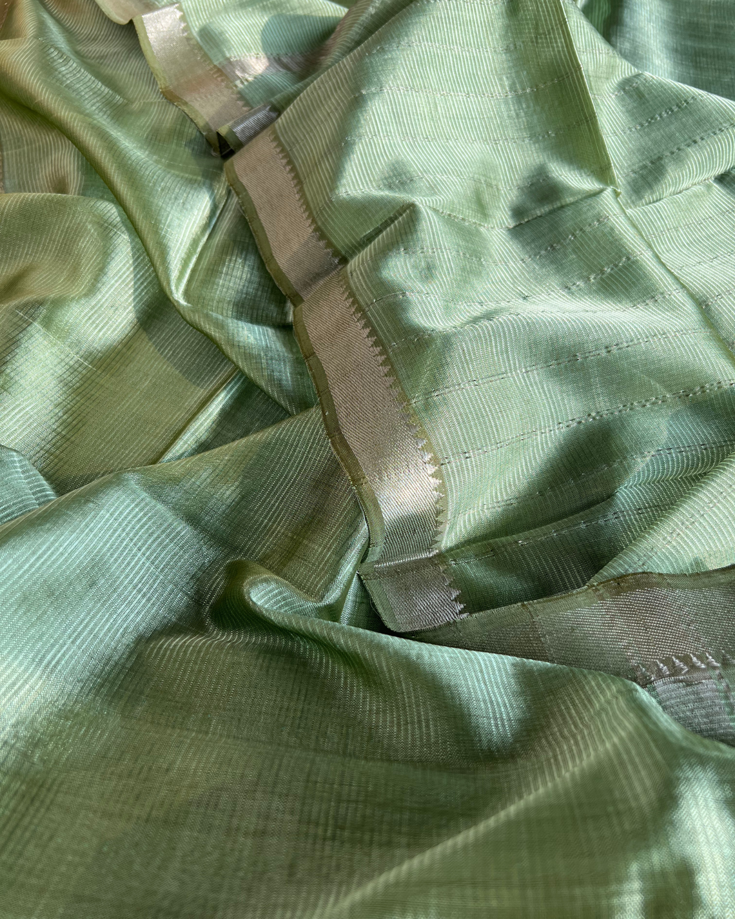 Sage Green Cotton Silk Mangalgiri with Nizam Border Saree by Asvi Atelier