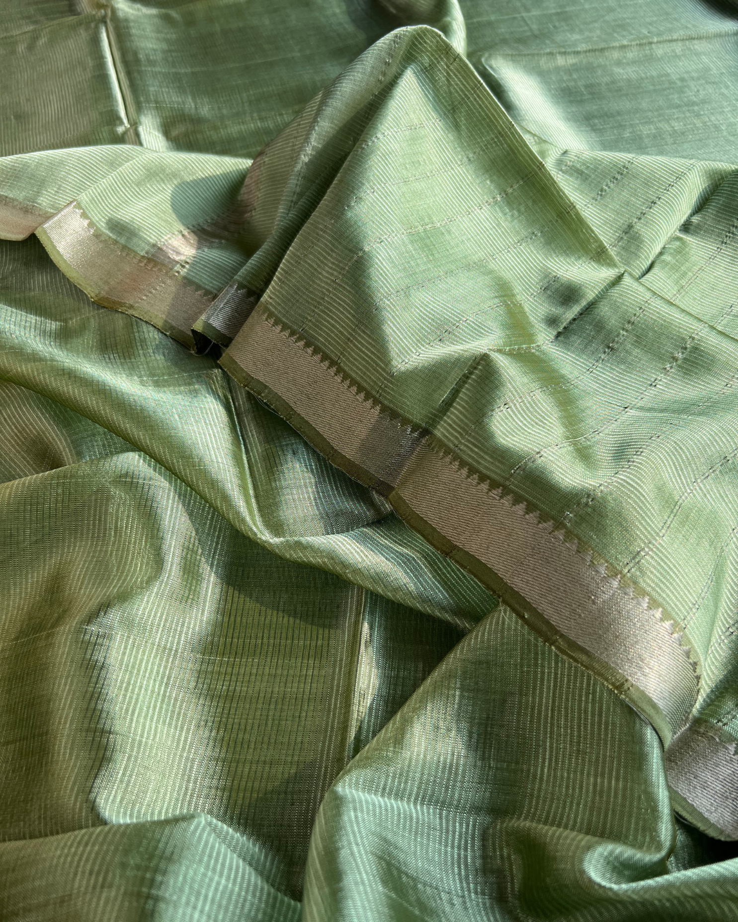 Sage Green Cotton Silk Mangalgiri with Nizam Border Saree by Asvi Atelier