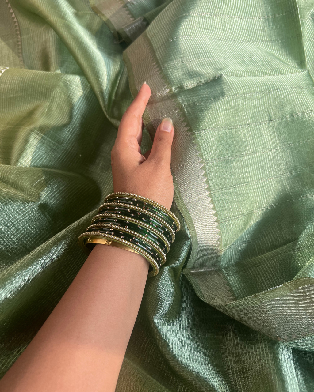 Sage Green Cotton Silk Mangalgiri with Nizam Border Saree by Asvi Atelier