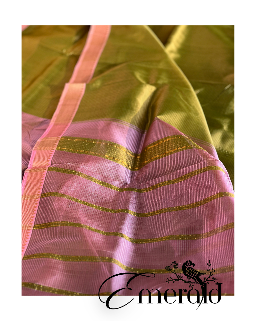 Emerald Bloom - Mehendi & Lotus Pink Cotton Silk Mangalgiri with Nizam Border Saree by Asvi Atelier