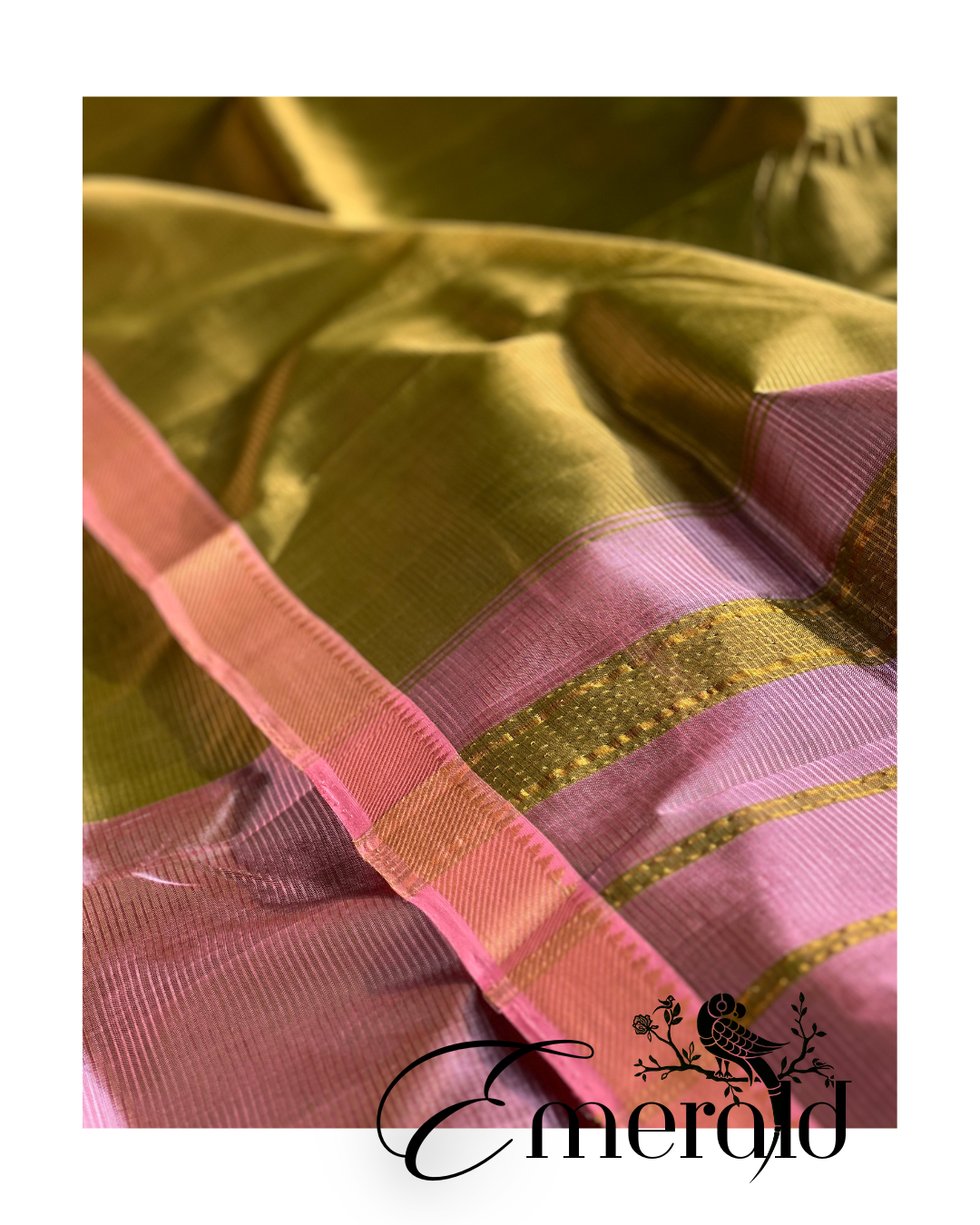 Emerald Bloom - Mehendi & Lotus Pink Cotton Silk Mangalgiri with Nizam Border Saree by Asvi Atelier