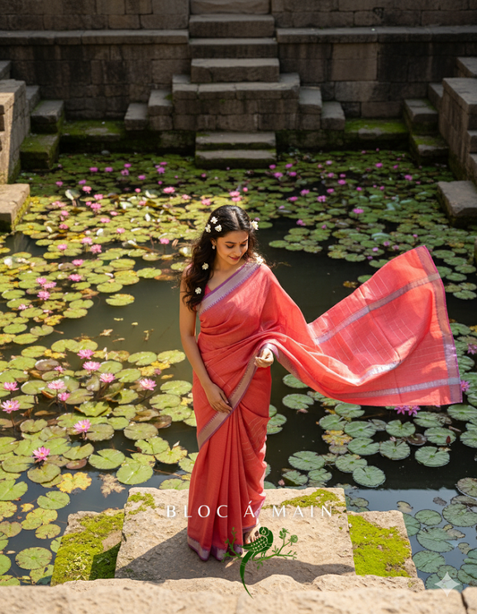 Maheshvari Pink & Purple Mangalgiri Cotton Silk Saree - Bloc a Main Atelier
