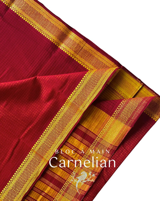Carnelian Mangalgiri Checks Cotton Saree with Nizam Border by Bloc a Main India