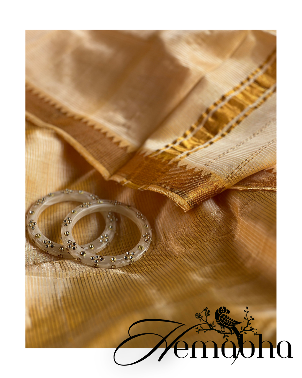 Hemābha - Pastel Peach & Yellow  Gold Cotton Silk Mangalgiri with Nizam Border Saree by  Asvi Atelier