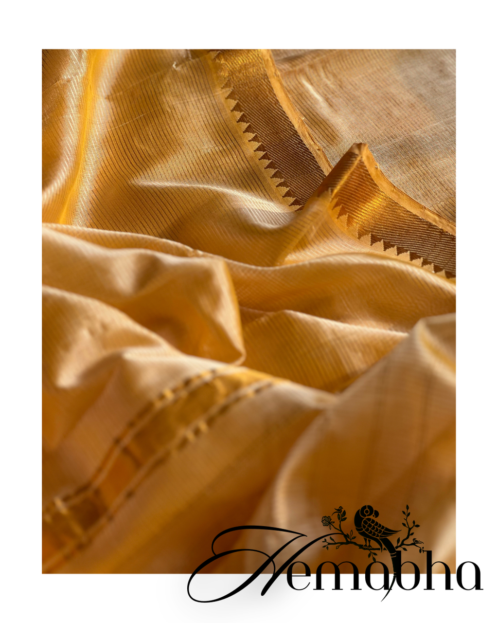 Hemābha - Pastel Peach & Yellow  Gold Cotton Silk Mangalgiri with Nizam Border Saree by  Asvi Atelier