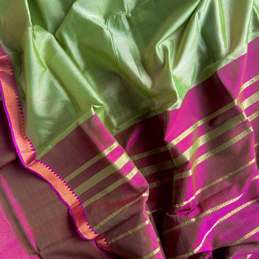 Bloc á Main Kili – Sage Green & Pink Handwoven Mangalgiri Cotton Silk Saree | Sustainable Indian Luxury