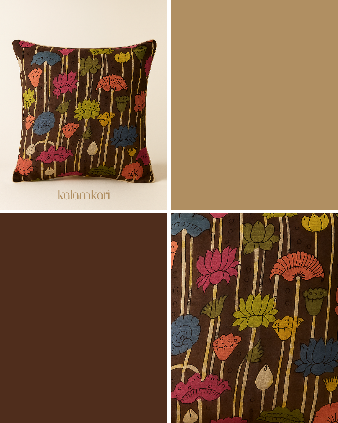 Coffee Brown Pen Kalamkari Upada Silk Cushion Cover