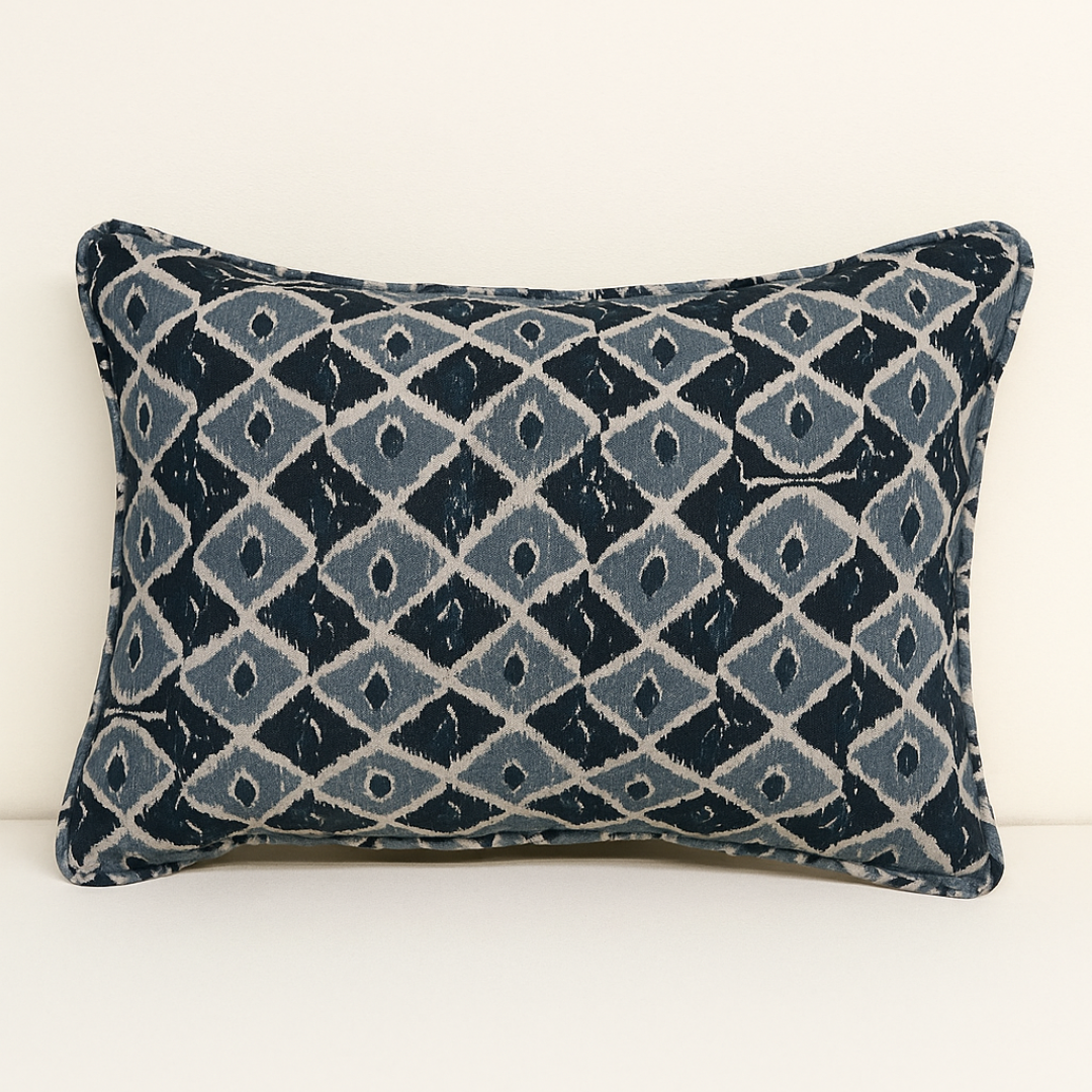 Blue Geometry 100% Linen Cushion Cover -12X18 inch
