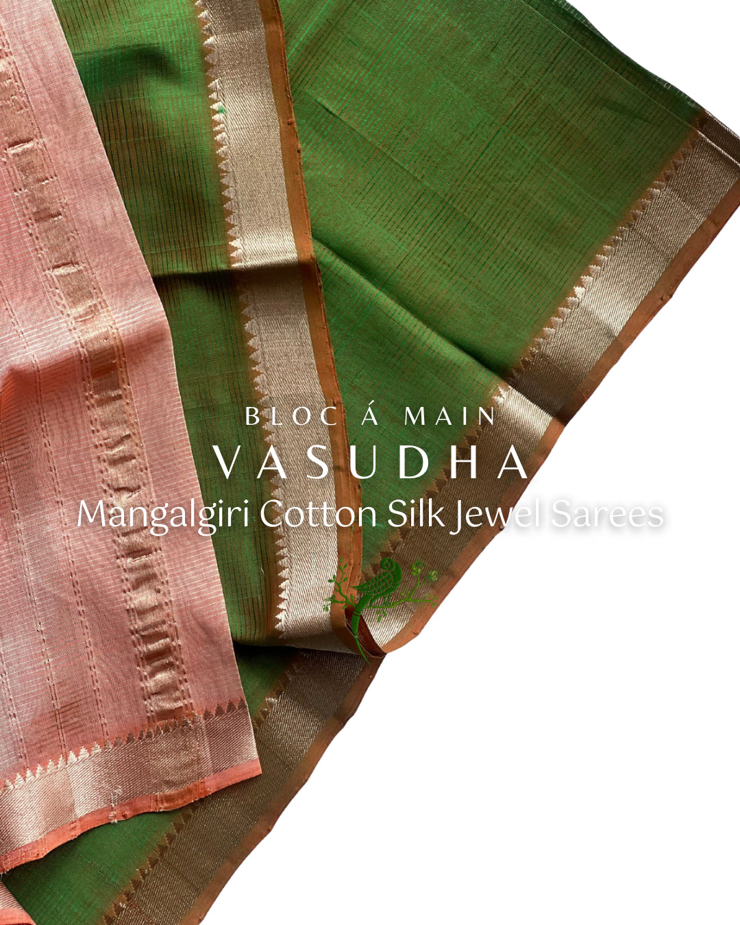 Vasudha Green & Peach Earthy Brown Cotton Silk Mangalgiri Saree by Bloc a Main Atelier
