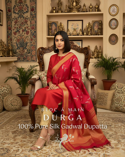 Durga - The Bridal Red Gadwal Silk Dupatta with Zari Weave by Bloc á Main Atelier