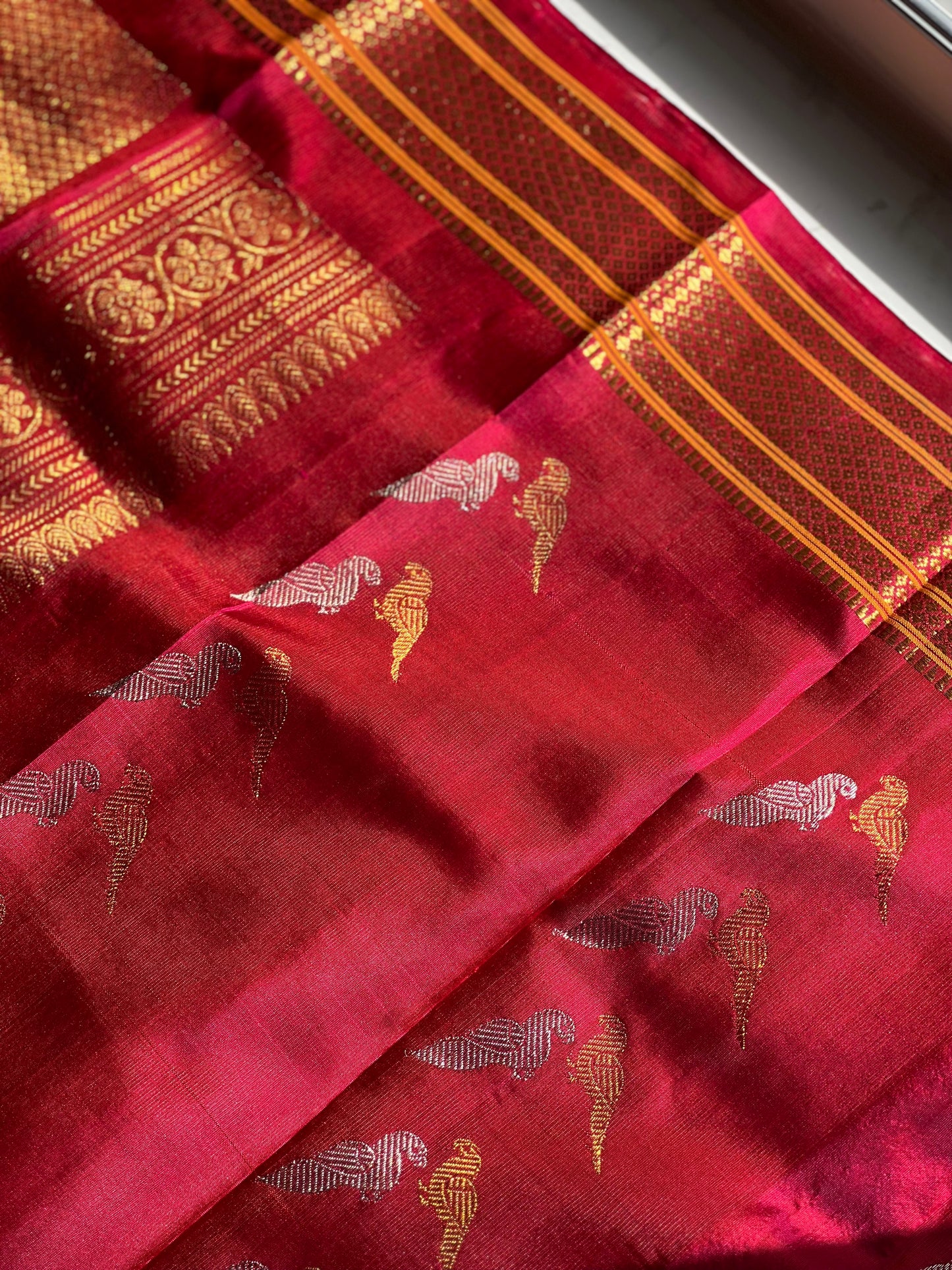 Durga - The Bridal Red Gadwal Silk Dupatta with Zari Weave by Bloc á Main Atelier