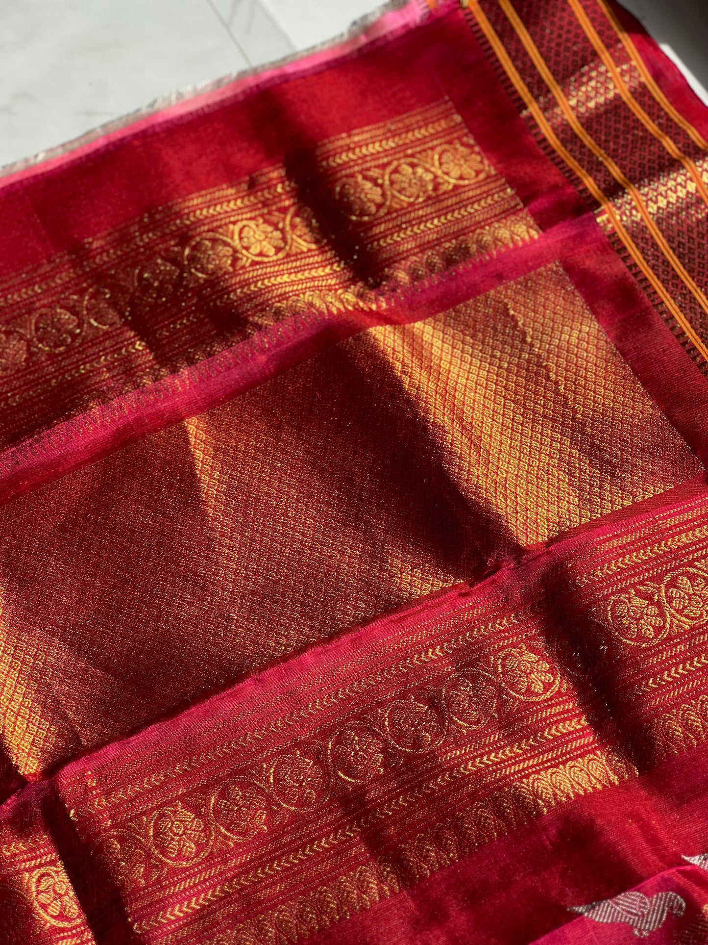 Durga - The Bridal Red Gadwal Silk Dupatta with Zari Weave by Bloc á Main Atelier