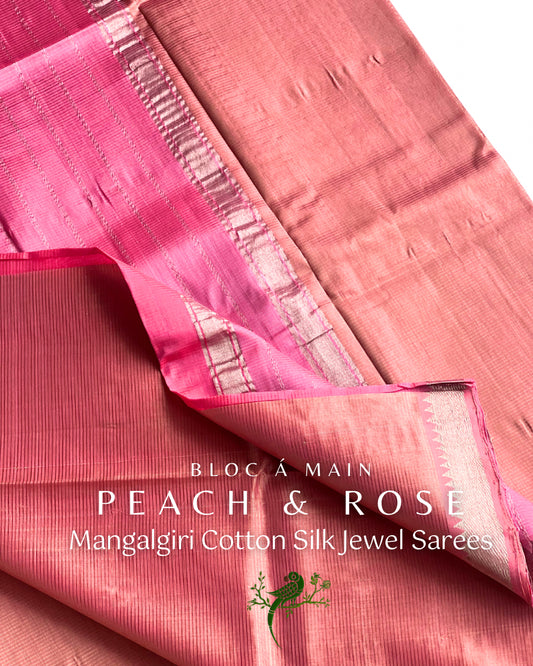 Peach & Rosé Silk Cotton Mangalgiri Saree by Bloc a Main Atelier