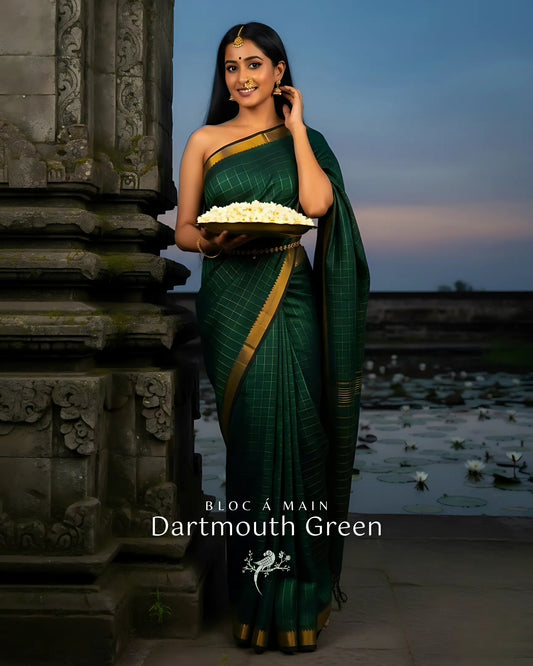 Dartmouth Green & Gold Zari Checks Mangalgiri Cotton Silk Saree by Bloc a Main Atelier