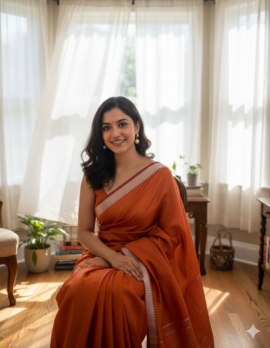 Bloc á Main Brahmani – Rust Orange Handwoven Mangalgiri Cotton Silk Saree | Sustainable Indian Luxury