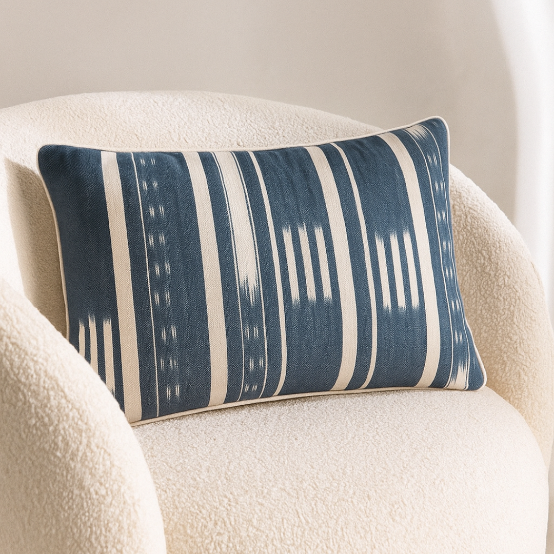 Induvāri Blue & White Ikat Cushion Cover – Handwoven 12x18 Inch Lumbar by Bloc à Main