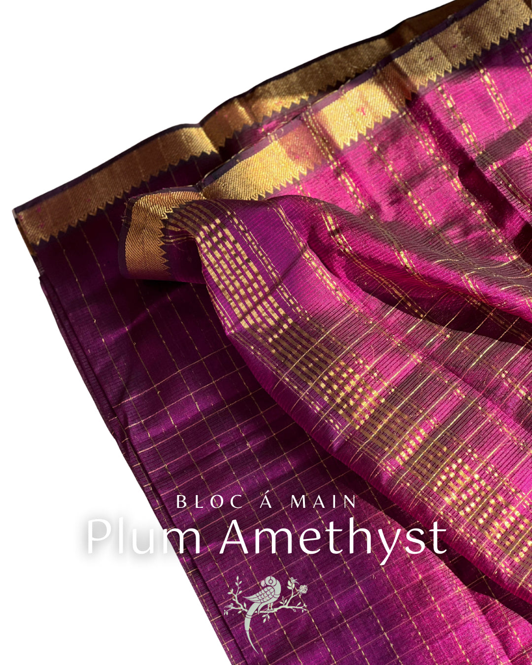 Purple Amethyst & Gold Zari Checks Mangalgiri Cotton Silk Saree by Bloc a Main Atelier