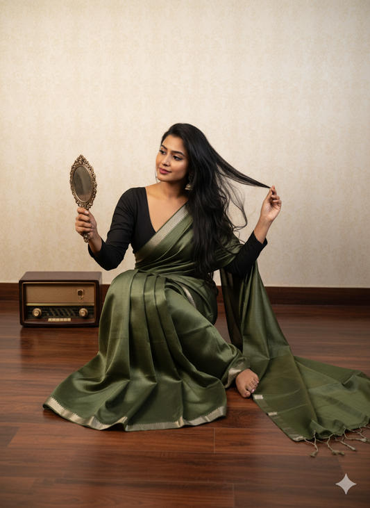 Lime Green Mangalgiri Cotton Silk Saree with Nizam Border by Bloc a Main India