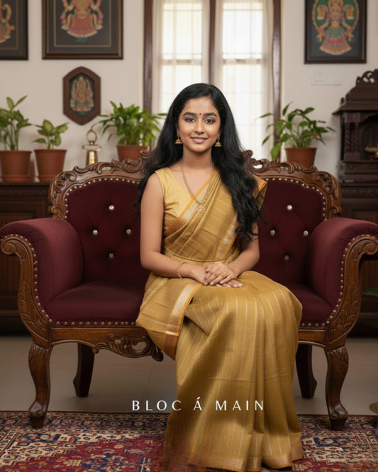Bloc á Main Varahi – Gold Handwoven Mangalgiri Cotton Silk Saree | Sustainable Indian Luxury