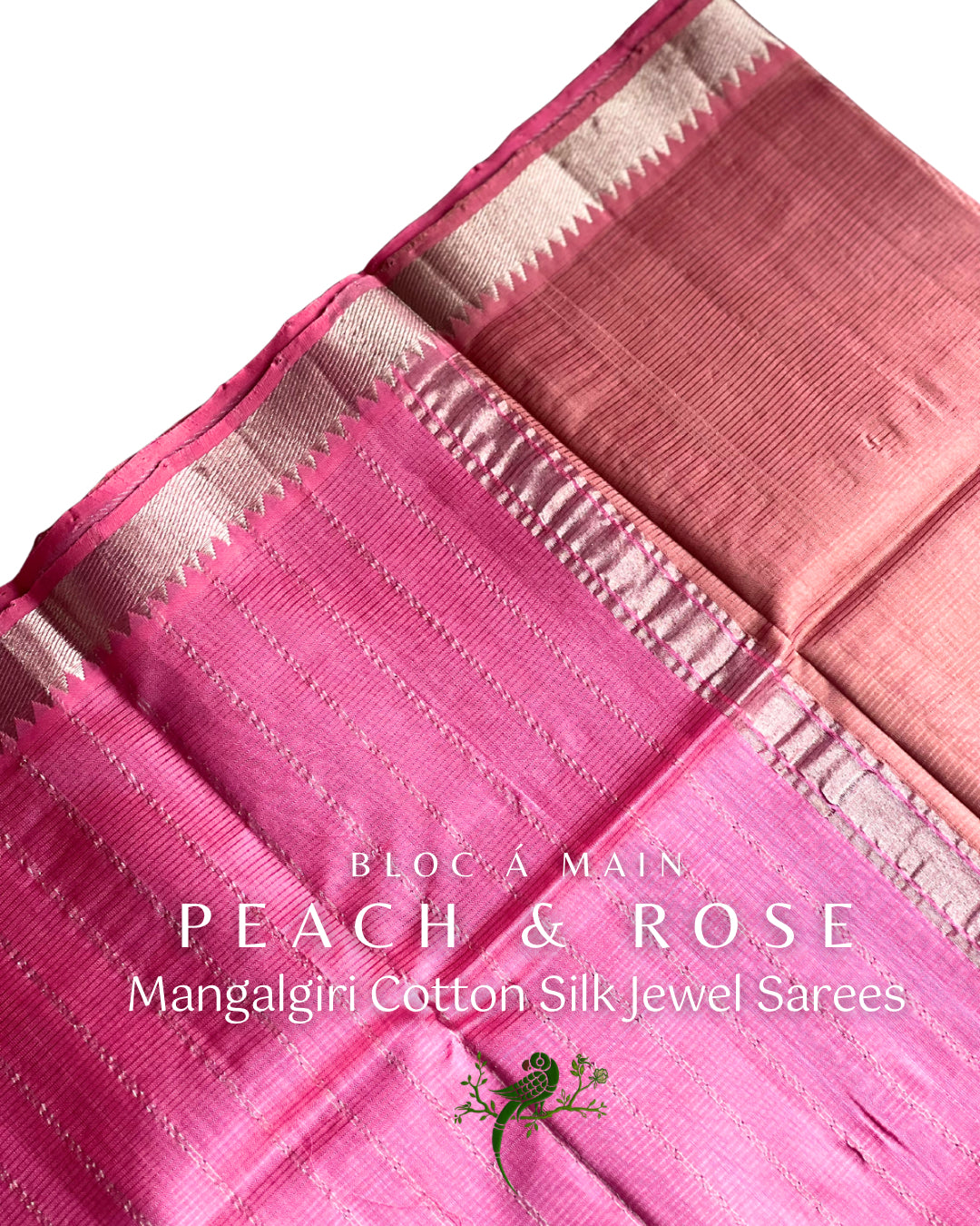 Peach & Rosé Silk Cotton Mangalgiri Saree by Bloc a Main Atelier