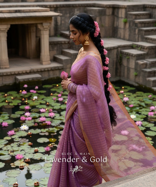 Lavender& Gold Gold Zari Checks Mangalgiri Cotton Silk Saree by Bloc a Main Atelier