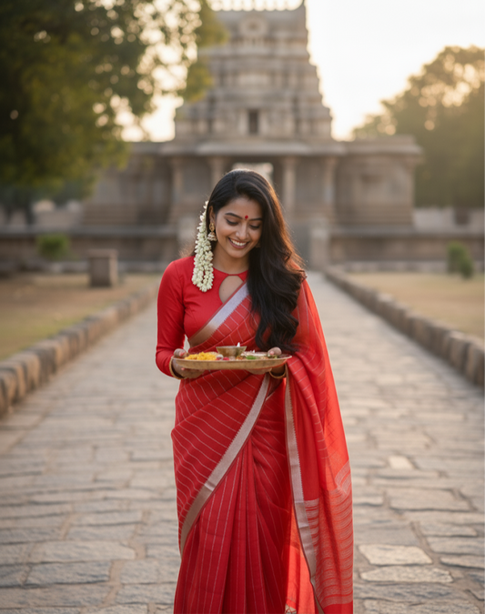Ruby Red Mangalgiri Cotton Silk Saree by Bloc a Main Atelier