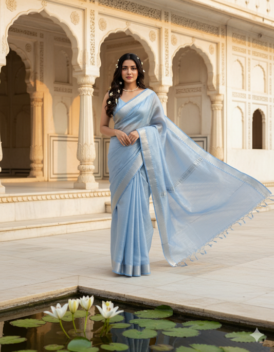 Indrani Powder Blue Mangalgiri Cotton Silk Saree by Bloc a Main Atelier