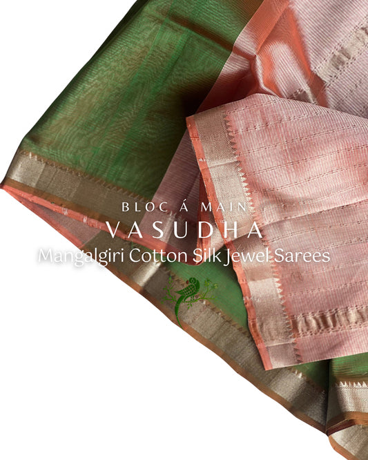 Vasudha Green & Peach Earthy Brown Cotton Silk Mangalgiri Saree by Bloc a Main Atelier