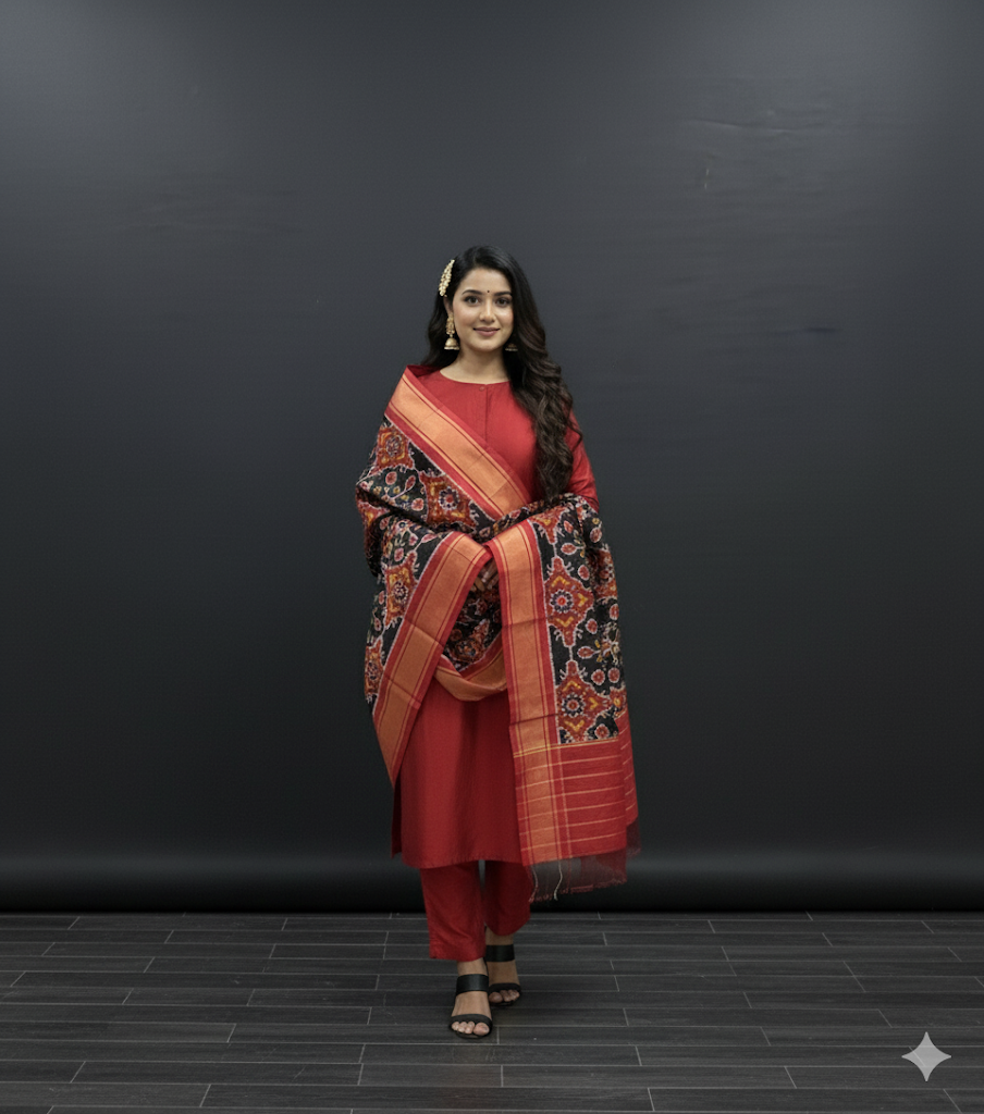 Mandodari Silk Pochampally Dupatta by Asvi Atelier